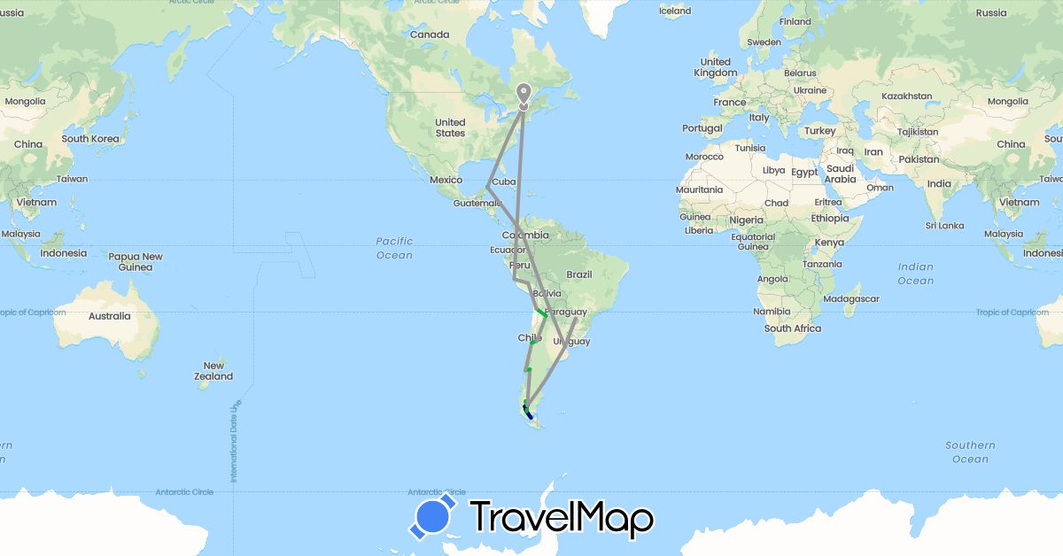 TravelMap itinerary: driving, bus, plane, boat in Argentina, Canada, Chile, Colombia, Mexico, Peru (North America, South America)